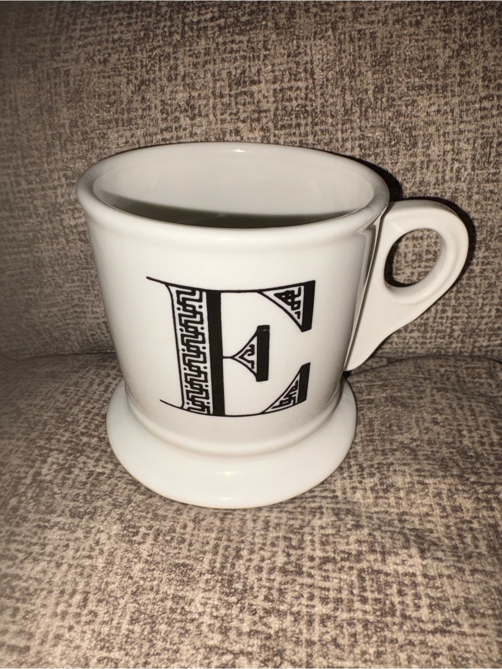 Anthropologie White Ceramic Mug with Black Monogram E